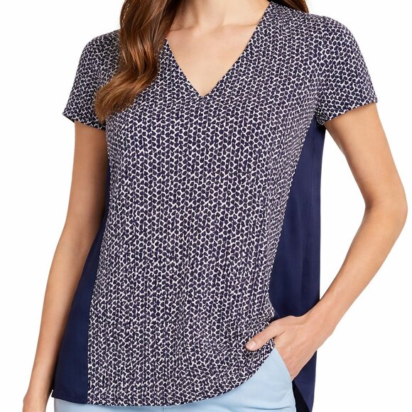 Tory Burch Tops - Tory Burch Tessera Top Medium Linen Silk Mixed Media V Neck Short Sleeve Blouse